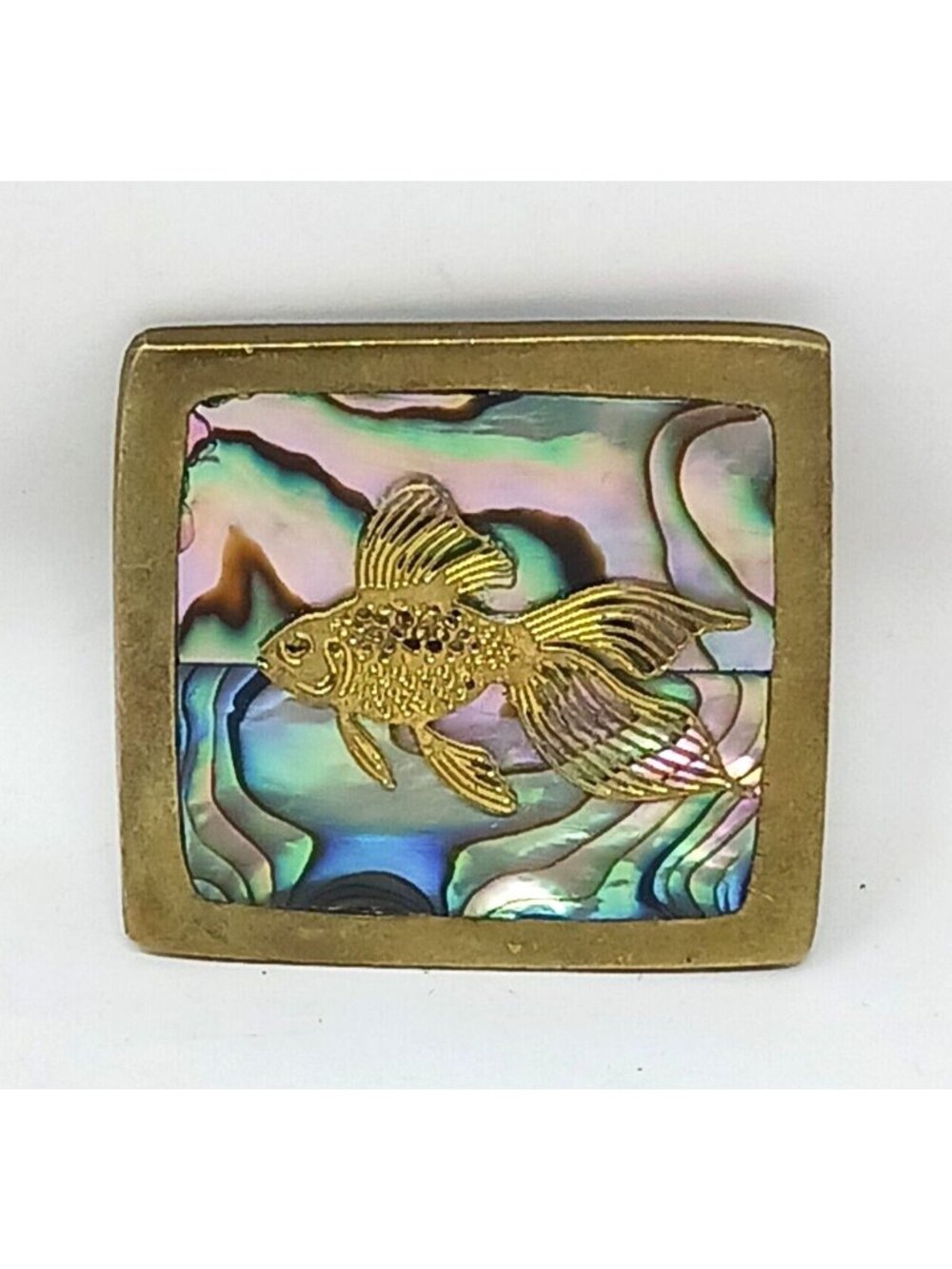 Mercedes J. Franklin Belt Buckle Brass Abalone Inlay w/Fish Coy 1970s 1.3/8" #G1
